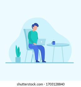 Man working with computer laptop on his thigh lap for work from home pandemic effect vector illustration concept design with cup coffee on table and leaf plant decoration