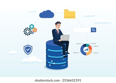 Man working with computer laptop on database, database system, data network management, security or search, cloud computing technology or file document archive, database administration concept