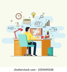 Man working at computer. Male doing job at table with computer. Guy sitting in armchair at desk with lamp and books, magnifying glass and clock. Employee and worker, workplace, office theme