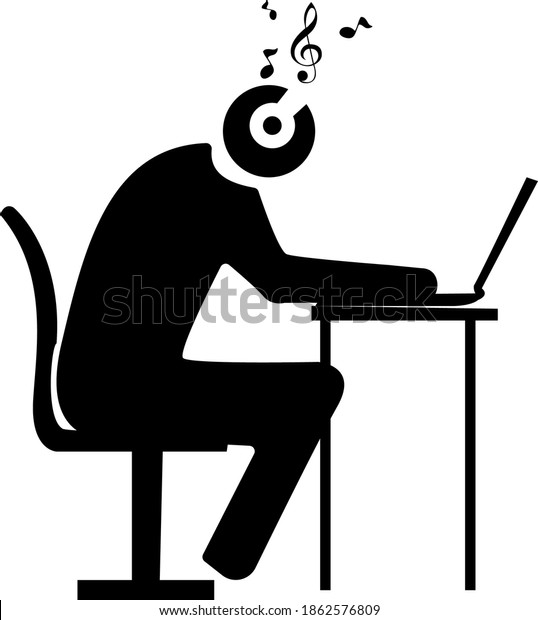 Man working computer with Music,  vector\
illustration design  isolated on white background, symbol for your\
web site design, icon logo, app,\
UI.
