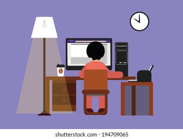 man working with computer at night. vector illustration