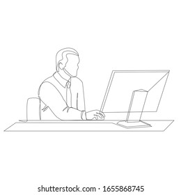 Man working at a computer in the office one line drawing on white isolated background. Vector illustration