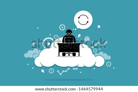 Man working with computer on the cloud. Vector artwork depicts cloud computing, data sync or information synchronization using cloud computing technology. Concept of internet technology and online.