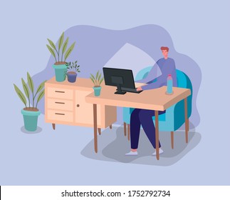 Man working with computer on desk design of Stay at home theme Vector illustration