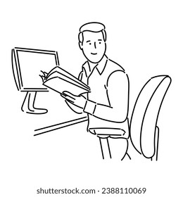 Man working with computer on desk vector illustration graphic design in black and white line art cartoon