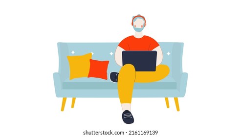 Man working with computer on the sofa isolated, home office, student or freelancer. Customer service, call center and support. Vector illustration