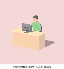 A man working at computer on a table. (vector with isometric view)