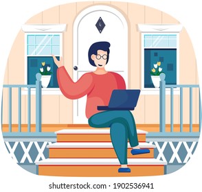 El hombre está trabajando con la computadora al aire libre. Trabajador independiente trabajando con el portátil de forma remota. Carácter masculino sentado a la puerta y haciendo su trabajo. El tipo con gafas en las escaleras está usando el freelance de la computadora