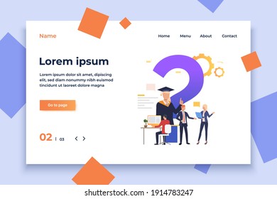 Man working with computer, people talking vector illustration. Discussion, helpdesk, faq. Search engine concept. Creative design for layouts, web pages, banners