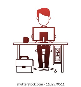 Man working in computer red lines