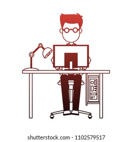 Man working in computer red lines