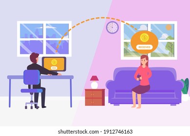 Man working with computer and sending money online to his wife with mobile phone