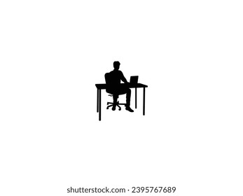 Man working at computer silhouette isolated on white background. Vector Illustration