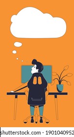 A man working at a computer sitting in thought. New idea. Home office workplace.
