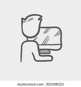 Man working in computer sketch icon for web and mobile. Hand drawn vector dark grey icon on light grey background.