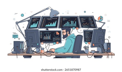 Man working at computer station monitoring multiple data displays and financial charts analyzing performance