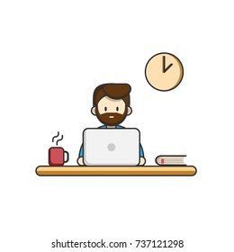 A man working at a computer. Time to work, work on laptop, workplace. Vector flat illustration.
