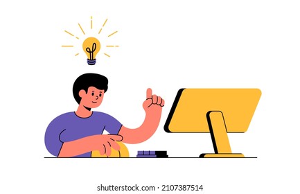 Man is working at a computer, use a computer mouse and typing on keyboard and idea comes to him in form of abstract light bulb vector illustration simple graphic style