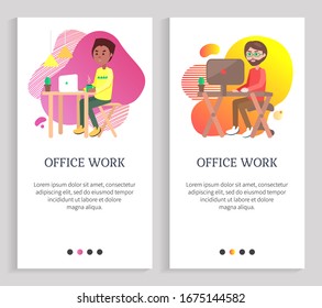 Man working with computer, wireless device, portrait view of worker using pc, desktop and monitor, employee sitting on workplace, office vector. Website or slider app, landing page flat style