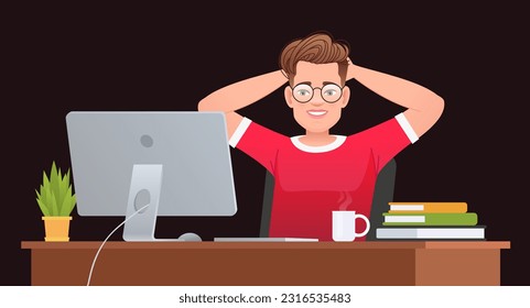Man working at a computer. Young businessman at his desk. Lucky guy did all the work. Employee is resting, satisfied with his work. Vector cartoon illustration on a dark background.