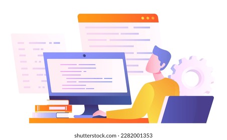 Man working at computer. Young guy sitting in front of monitor screen with lines of code. Programmer and IT specialist in workplace.