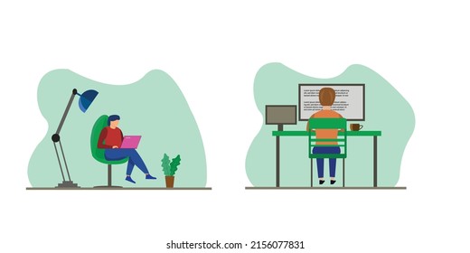 Man working at a computer.girl working on a laptop at home,character, office, business, programmer. Flat style vector illustration.

