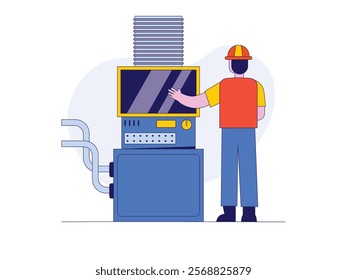 A man is working at the controls of an industrial machine, wearing a safety vest and helmet. Character design. Vector flat illustration