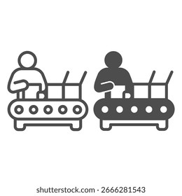 Hombre que trabaja en el transportador con la línea de las cajas y el icono sólido, concepto de la fabricación, muestra del empaquetado del trabajador de la fábrica en el fondo blanco, icono del estilo del contorno para el móvil y el Diseño web. Gráficos de Vector