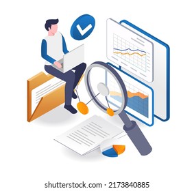 Man working data analyst program in isometric illustration