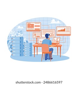 Man working in data center room. Database information monitoring. Data center concept. Flat vector illustration.