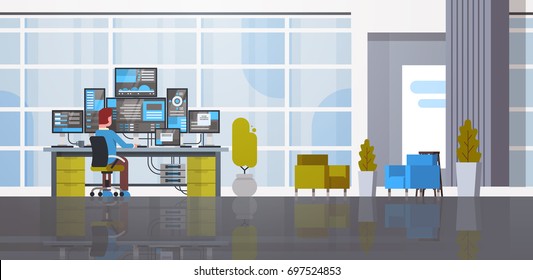 Man Working In Data Center Room Hosting Server Computer Monitoring Information Database Flat Vector Illustration