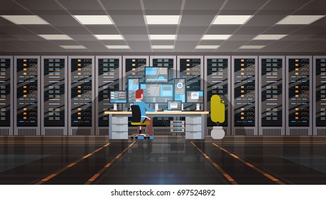 Man Working In Data Center Room Hosting Server Computer Monitoring Information Database Flat Vector Illustration