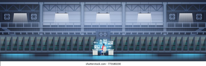 Man Working In Data Center Room Hosting Server Computer Monitoring Information Database Flat Vector Illustration