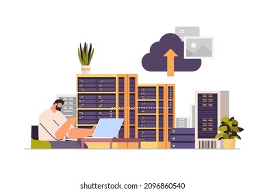 man working in data center technical room hosting server database concept horizontal portrait