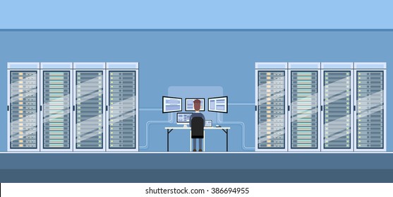 Man Working Data Center Technical Room Hosting Server Database Flat Vector Illustration