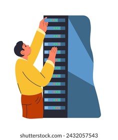 Man working with data server with slots and storage. Standard database management system racks, facilitating efficient use of space. Performance, scalability and security. Vector in flat style