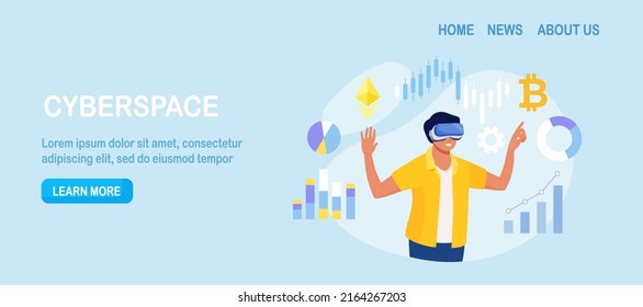 Man Working with Data in Virtual World using VR Glasses. Cyberspace. Metaverse Digital Virtual Reality Technology. Augmented Reality. Businessman Interacting with Interfaces, Checking Financial Charts