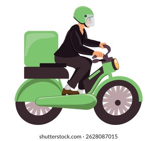 Homem trabalhando como piloto em uma motocicleta, ilustração vetorial.
