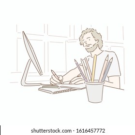 
Man Working At Desk In Busy Creative Office. Hand drawn style vector design illustrations.