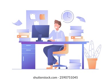 Man working at desk with computer, books, and clock. Flat design style on white background. Concept of work, productivity, and time management. Vector illustration