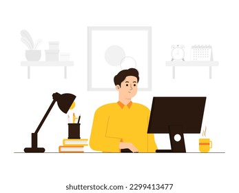 Ein Mann arbeitet an einem Schreibtisch mit einem Computer und einem Kalender an der Wand hinter ihm.