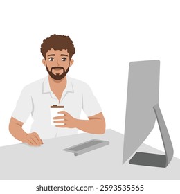 Man working at a desk with a computer, holding a cup of coffee while appearing relaxed and focused. Flat Vector character illustration