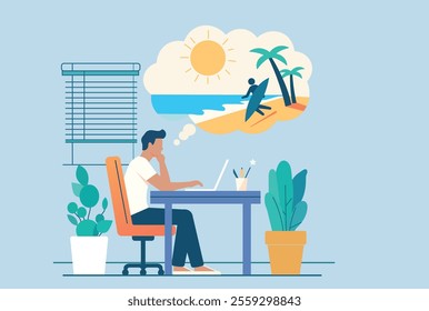 Man working at a desk, daydreaming about a tropical beach vacation, business, remote work, vacation planning, stress management, work-life balance, productivity, travel dreams, and lifestyle concepts