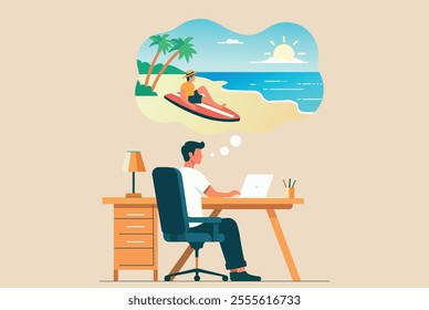 Man working at a desk dreaming of a beach vacation, motivation to achieve goals, escape from routine, relaxation, productivity, work-life balance, stress relief, and breaking the daily grind.