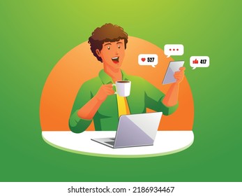 a man working at a desk drinking a cup of coffee and looking at social media on a tablet
