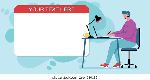 Homem trabalhando na mesa com fone de ouvido e espaço de texto vazio
