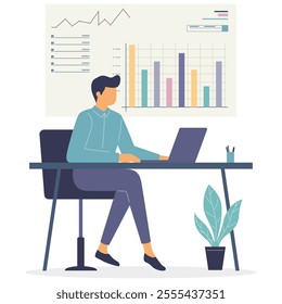 A man working at a desk with a laptop, analyzing data charts displayed on a wall-mounted screen, vector illustration.