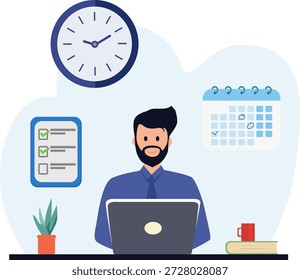 Hombre que trabaja en el escritorio con el reloj del ordenador portátil que muestra la hora y una lista de comprobación