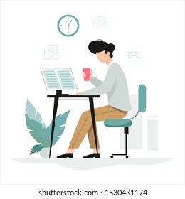 Man working at the desk, office character at the workplace. Professional worker. Vector illustration in cartoon style isolated