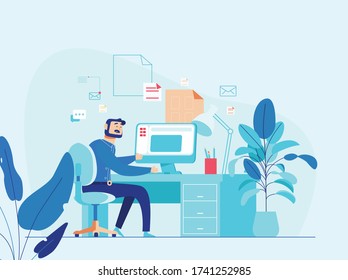 Hombre trabajando en el escritorio de la oficina con plantas